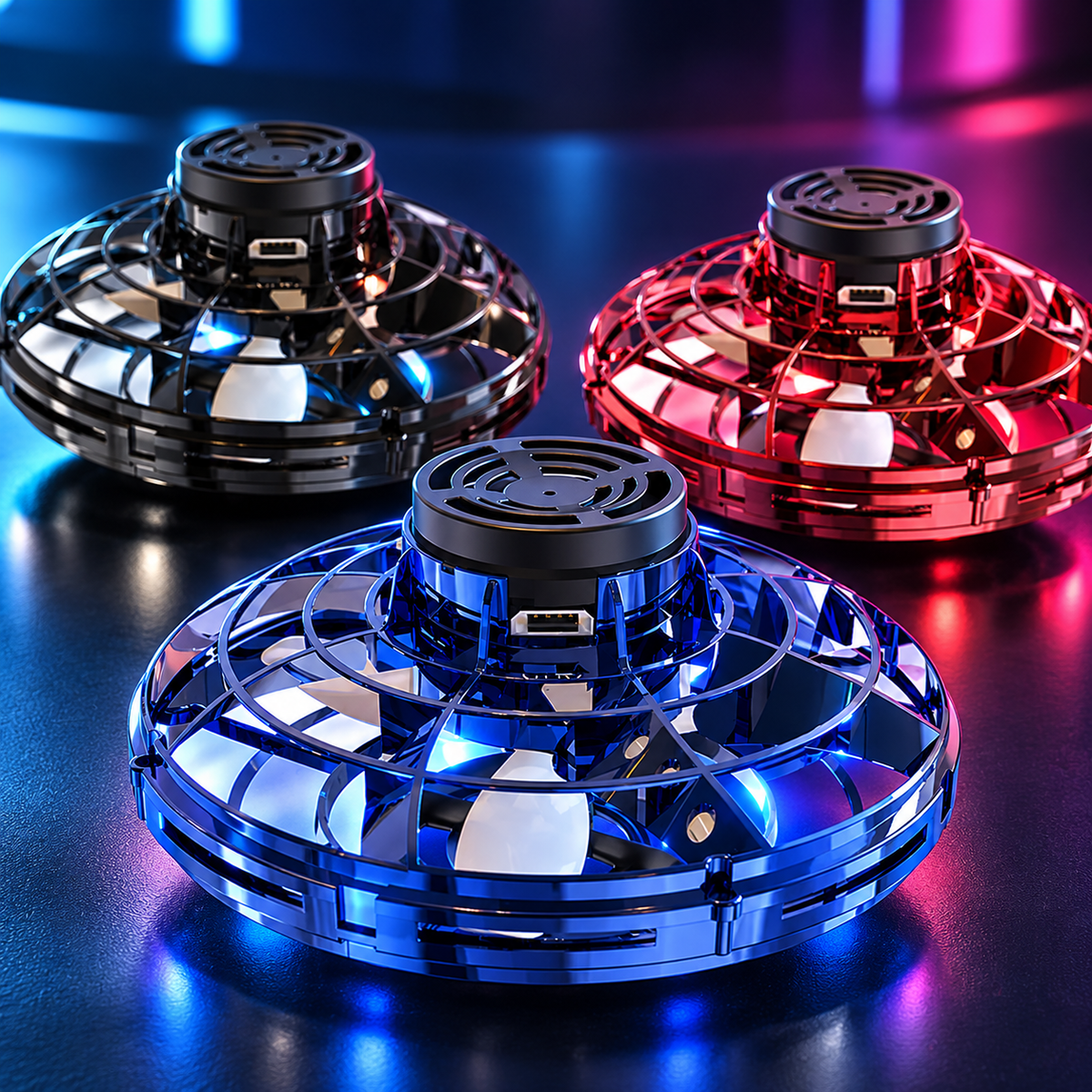 Flying spinner drone in blue, black, and red with illuminated protective cages