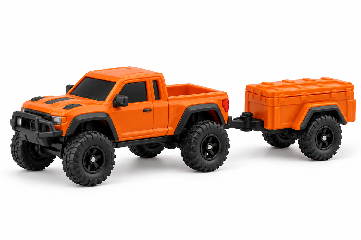 Orange 1:64 mini RC buggy with matching trailer